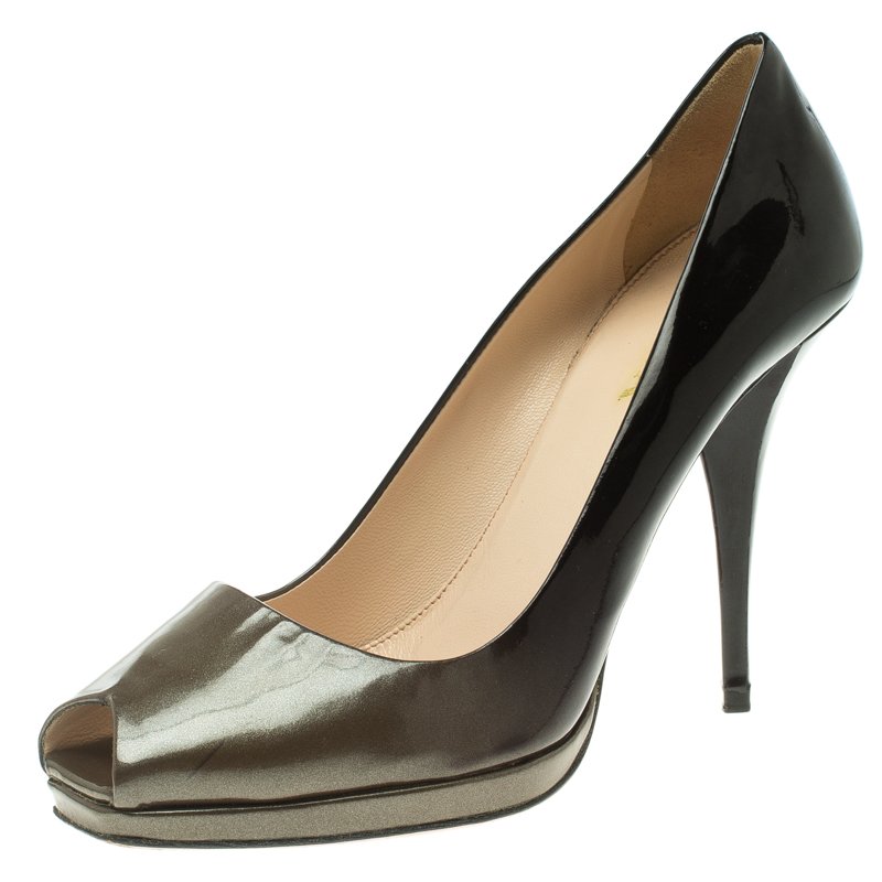 Pre Owned Prada Black Ombrè Patent Leather Peep Toe Pumps Size 38.5