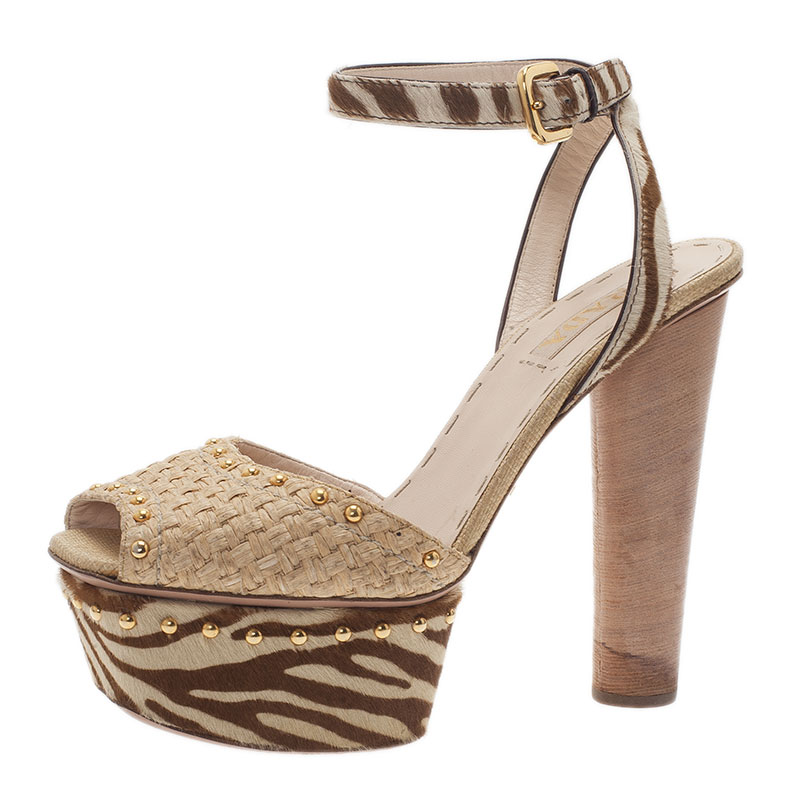 Pre Owned Prada Beige Raffia Ankle Strap Sandals Size 40.5