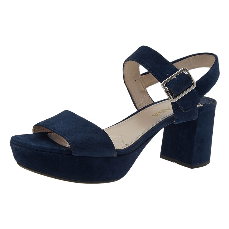 blue suede block heel sandals