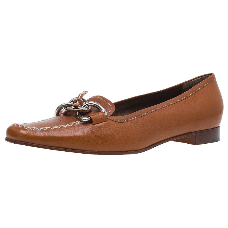 Prada Brown Leather Chain Detail Pointed Toe Flats Size 39