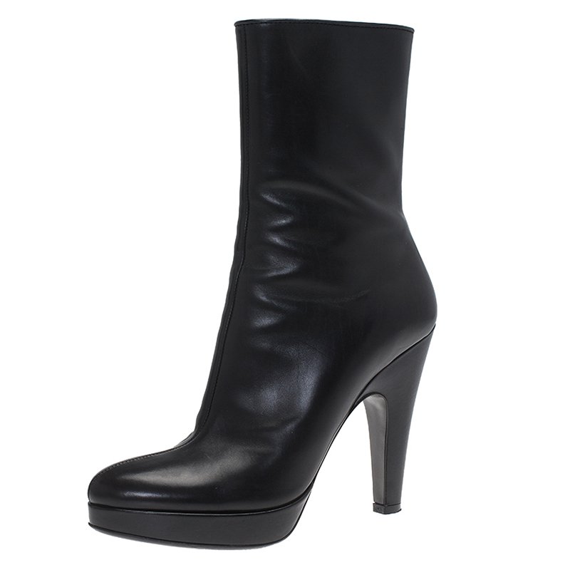 Pre Owned Prada Black Leather Platform Ankle Boots Size 35.5