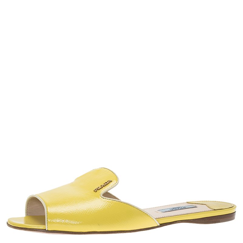 Prada Yellow Patent Saffiano Leather Flat Slides Size  Prada | TLC