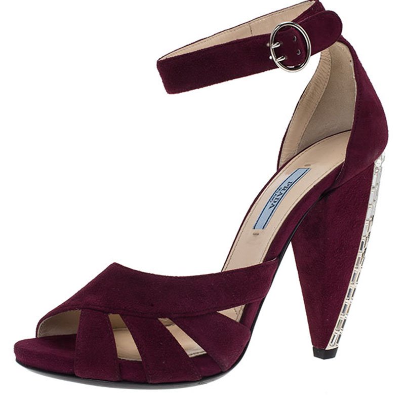 Pre Owned Prada Burgundy Suede Crystal Heel Ankle Strap Sandals Size 39 