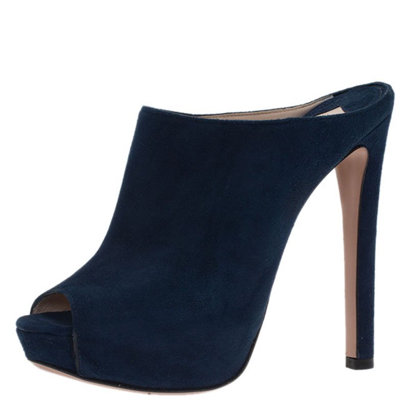 Prada Blue Suede Peep Toe Mules Size 37