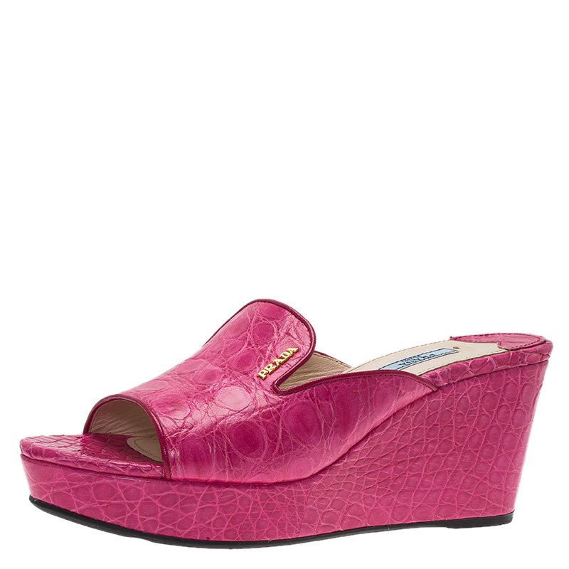 Pre Owned Prada Pink Croc Embossed Leather Wedge Mules Size 39.5