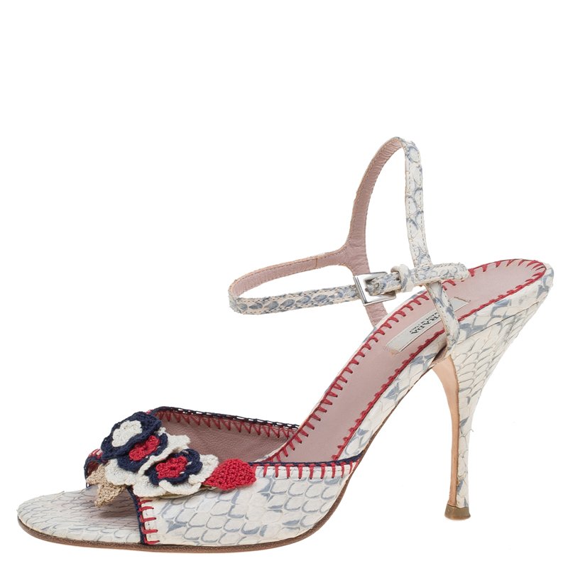 Pre Owned Prada White Python and Crochet Floral Embellished Sandals Size 36