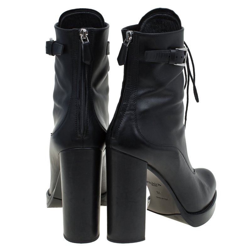 Prada Black Leather Block Heel Combat Boots Size 39 Prada | TLC