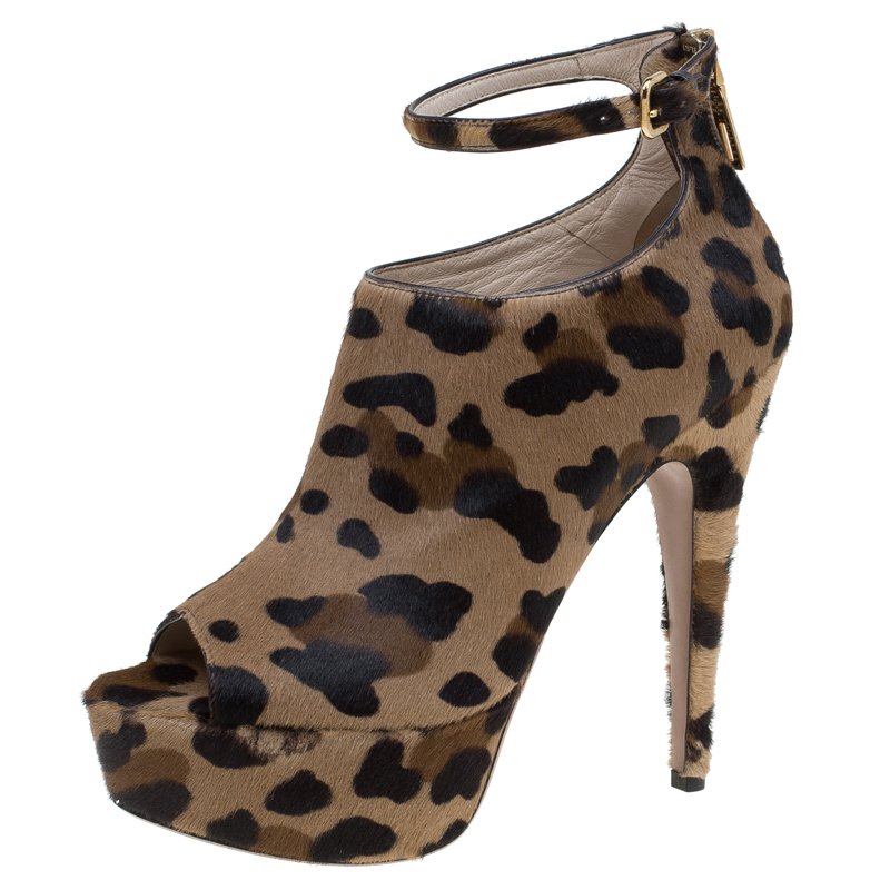 Pre Owned Prada Brown Leopard Print Calf Hair Peep Toe Ankle Strap Platform Boots Size 39