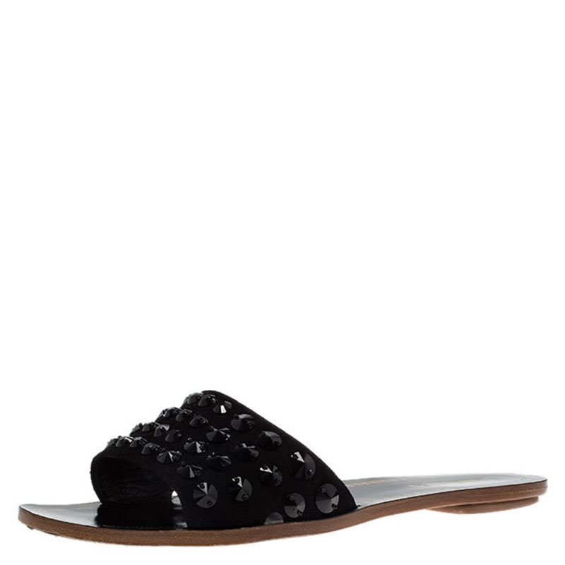 Prada Black Suede Studded Flat Slides Size 38.5