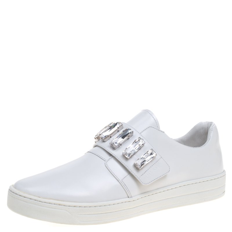 Prada White Crystal Embellished Leather Velcro Sneakers Size 40