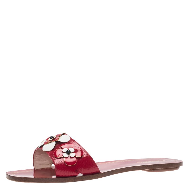 Pre Owned Prada Red Saffiano Leather Floral Embroidered Flat Slides Size 39