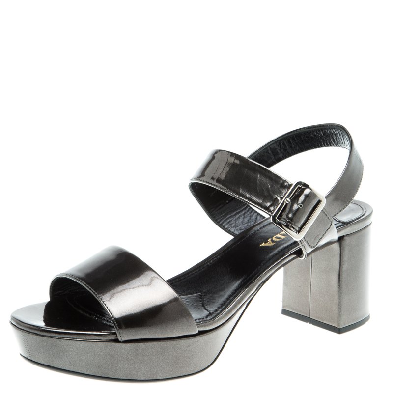Prada Grey Metallic Patent Leather Ankle Strap Block Heel Sandals Size 40