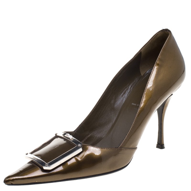 Pre Owned Prada Brown Metallic Patent Leather Pointed Toe Buckle Pumps Size 37
