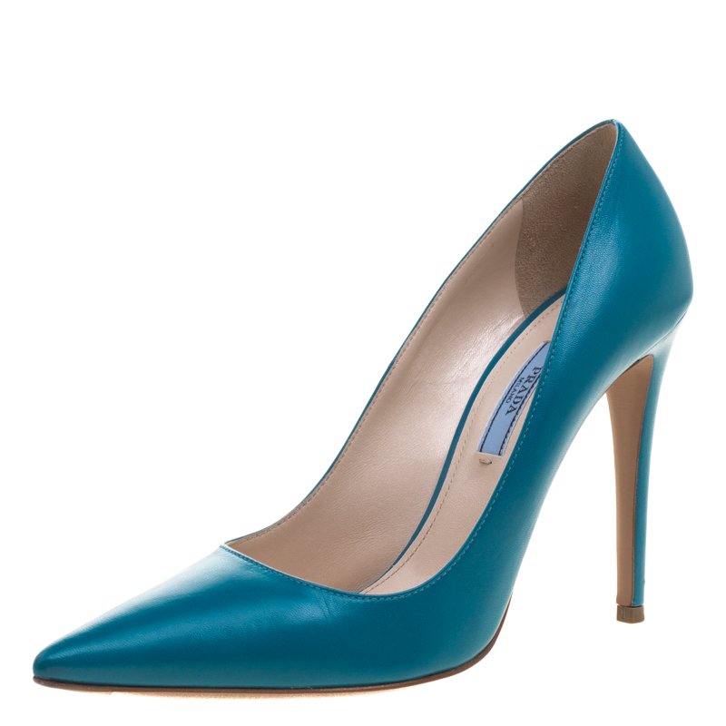 Pre Owned Prada Teal  Leather Pointed Toe Pumps Size 39.5