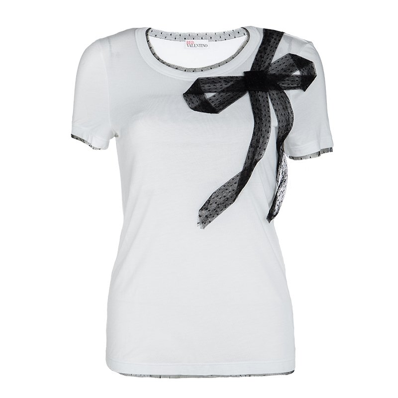 Pre Owned RED Valentino White Contrast Mesh Bow Detail T-Shirt M