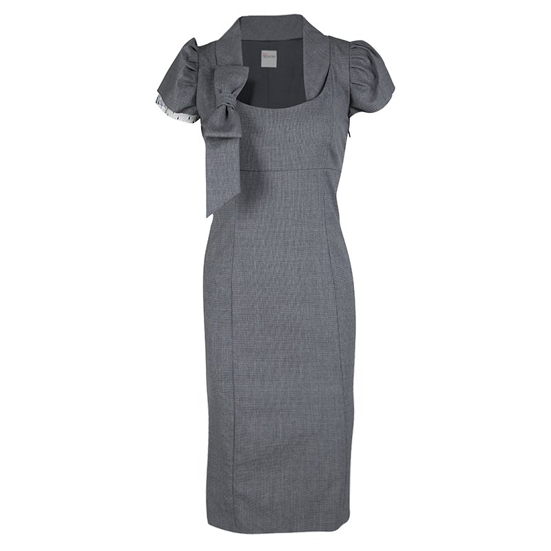 RED Valentino Grey Mini Houndstooth Bow Detail Cap Sleeve Wool Dress S