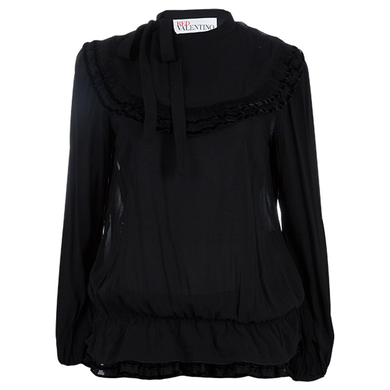 Pre Owned RED Valentino Black Ruffle Neck Top M