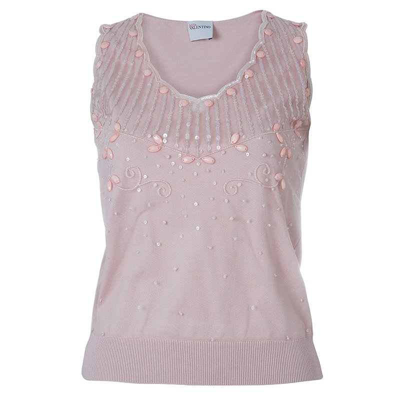 Pre Owned Red Valentino Pink Embellished Mesh Overlay Sleeveless Knit Top M