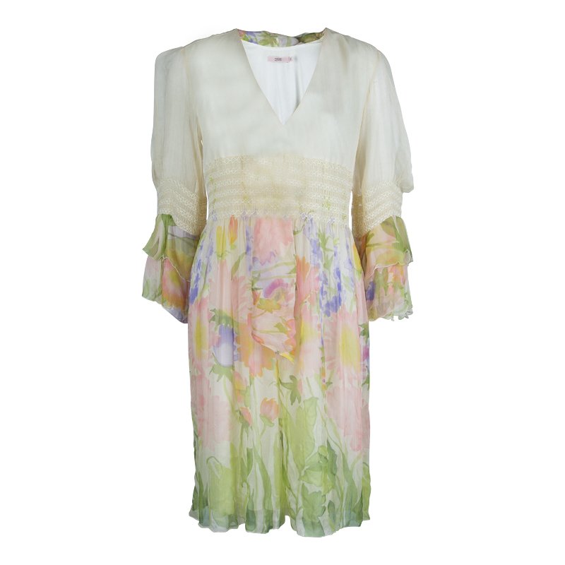 Red Valentino Multicolor Floral Printed Chiffon Smocking Detail Long Sleeve Dress M