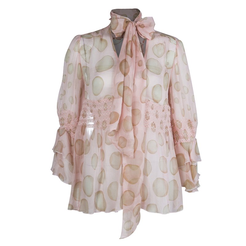Red Valentino Blush Pink Polka Dot Print Crinkled Chiffon Smocking Detail Sheer Blouse M