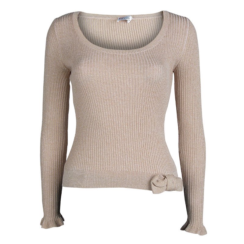 RED Valentino Beige Lurex Rib Knit Bow Detail Fitted Sweater M