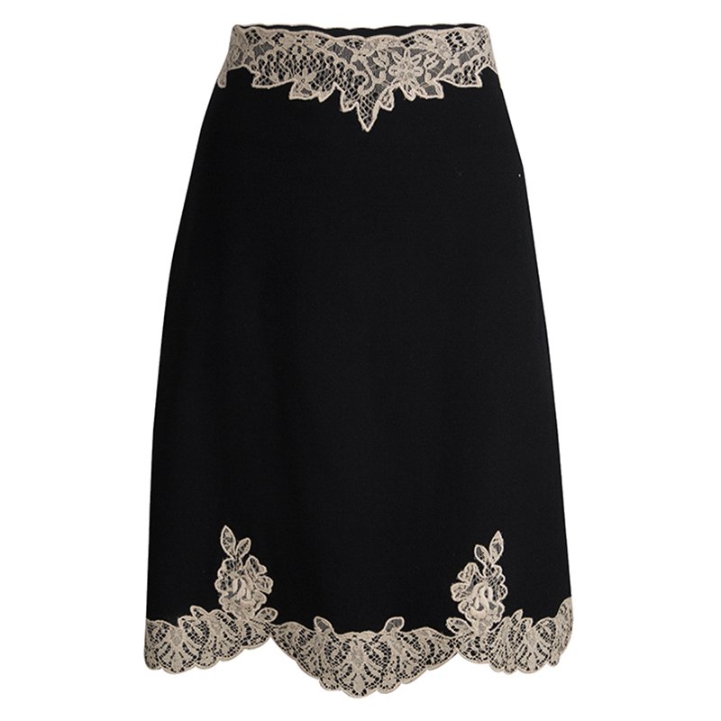 RED Valentino Black Wool Scallop Lace Detail Skirt S