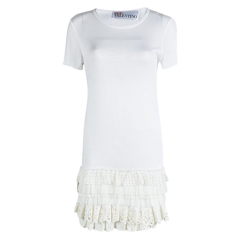 Red Valentino White Lace Frill Detail Short Sleeve Dress M