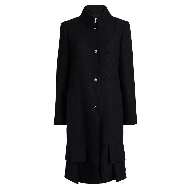 Red Valentino Black Textured Ruffle Bottom Over Coat L