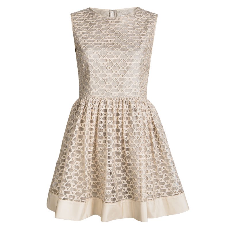 Pre Owned Red Valentino Beige Ribbon Mesh Overlay Gathered Sleeveless Dress M