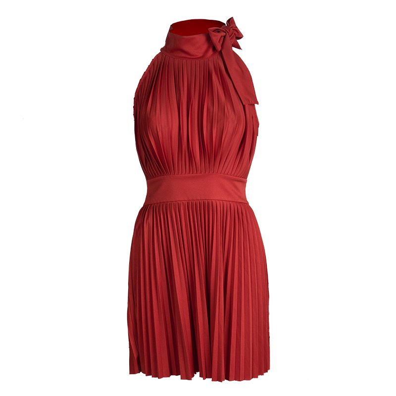 Red Valentino Red Pleated Neck Tie Detail Sleeveless Dress M