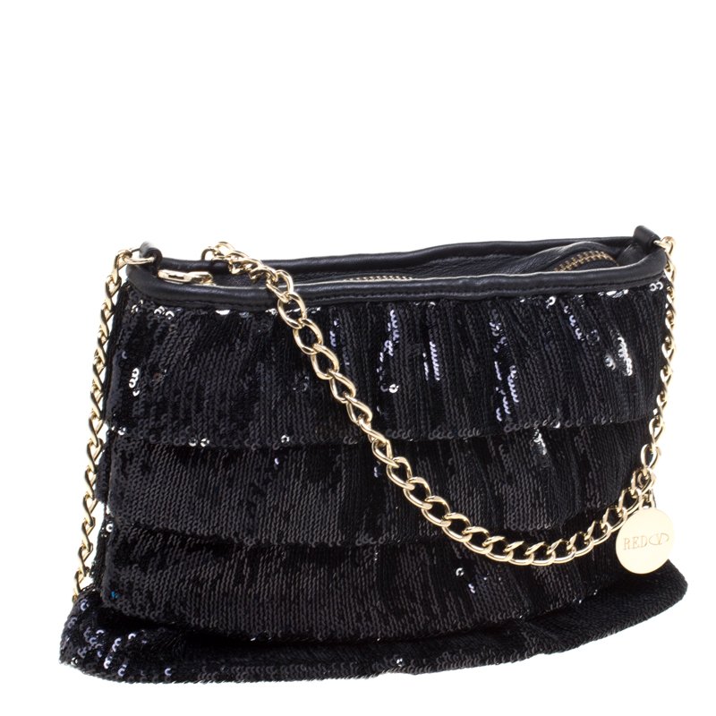 RED Valentino Black Rock Ruffles Shoulder Bag at FORZIERI