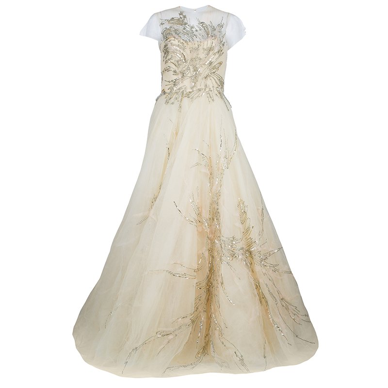 Reem Acra Beige Tulle Embellished Gown M