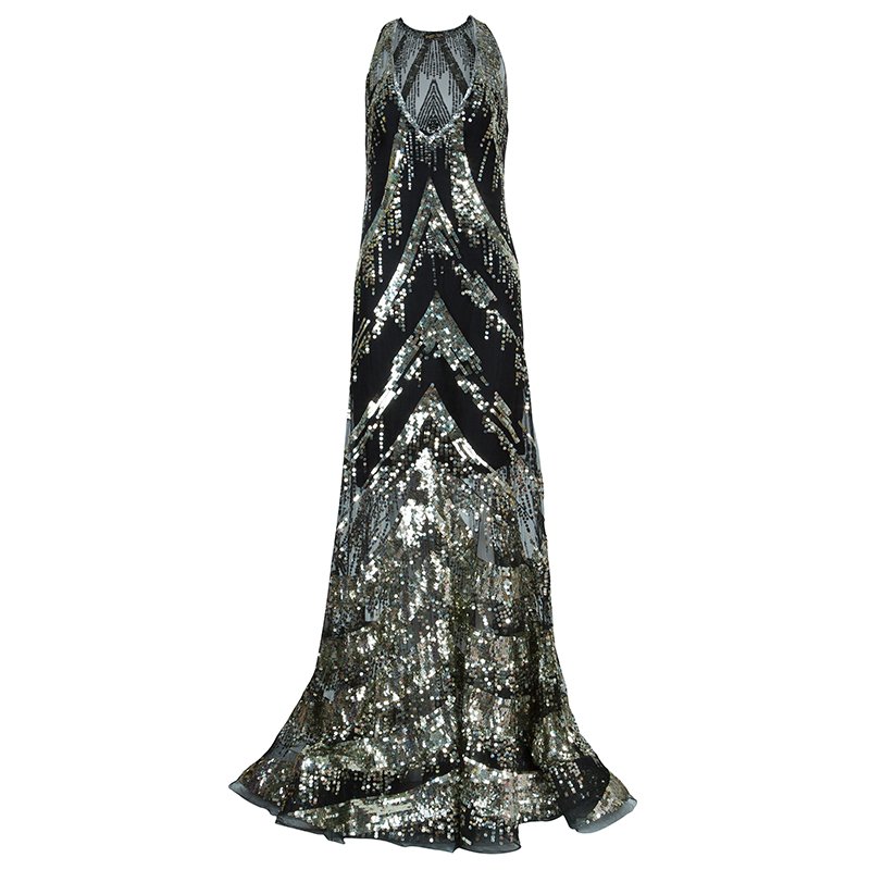 Reem Acra Black Sequin Embellished Gown 