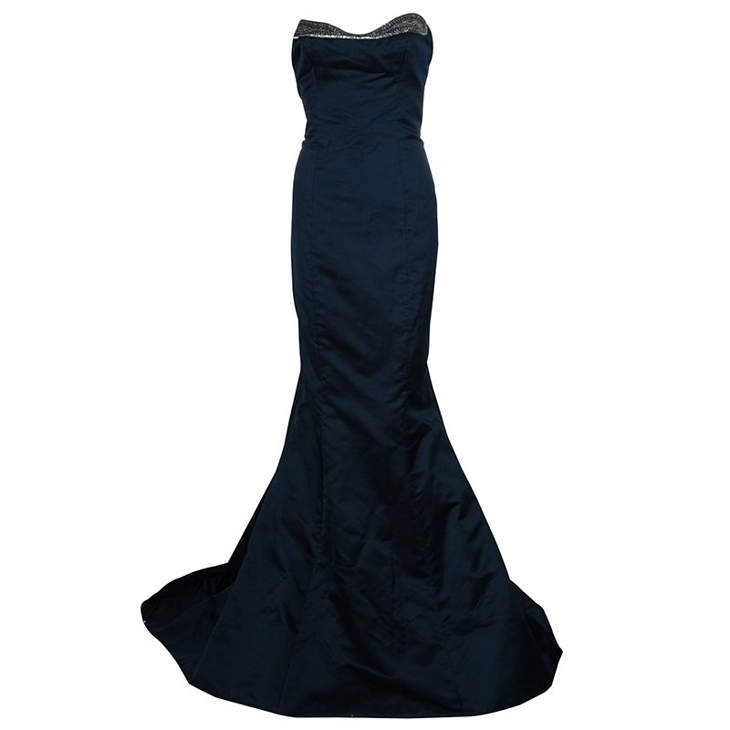 Pre Owned Reem Acra Navy Blue Strapless Silk Gown