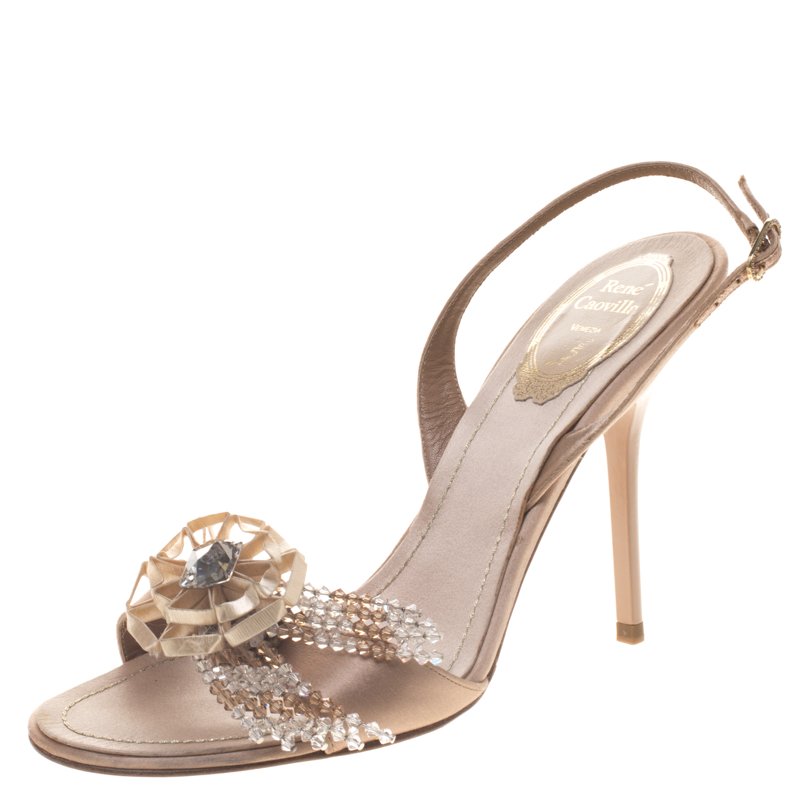 Pre Owned Rene Caovilla Beige Satin Floral Embellished Slingback Sandals Size 38