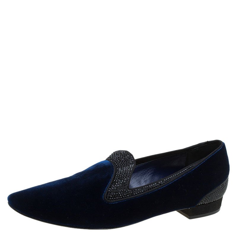 مملوكة مسبقًا René Caovilla Blue Crystallized Velvet Smoking Slippers Size 37