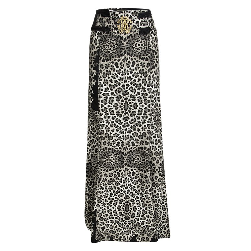 Pre Owned Roberto Cavalli Animal Printed Cotton Belted Maxi Skirt M