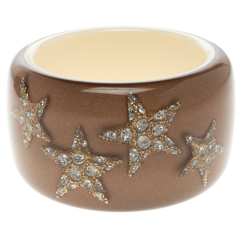 مملوكة مسبقًا Roberto Cavalli Crystal Star Brown Resin Wide Cuff Bangle 20cm