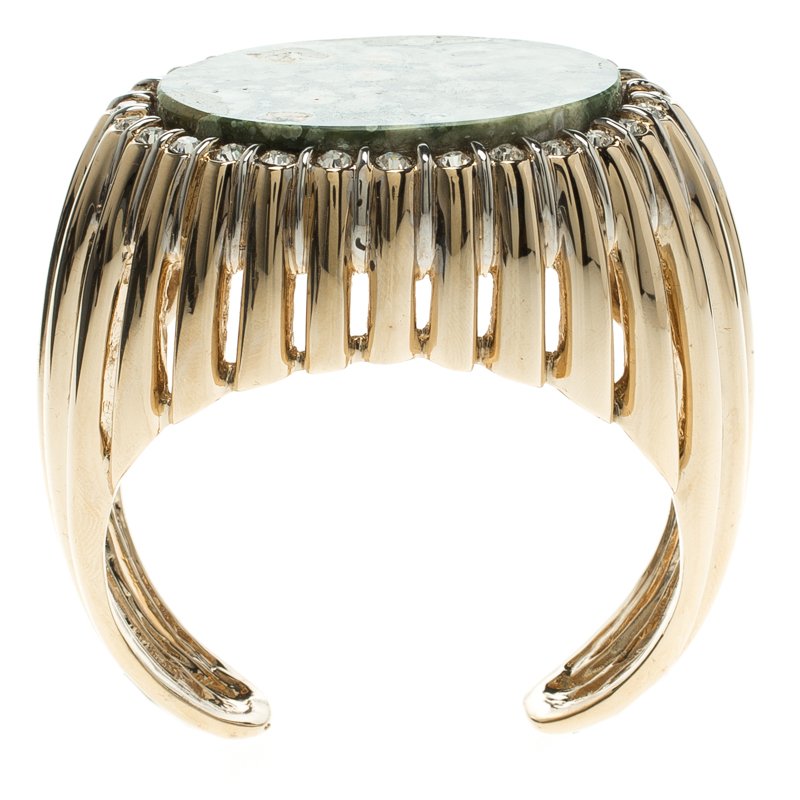 Pre Owned Roberto Cavalli Oval Green Stone Gold Tone Open-Cuff Bracelet 18cm