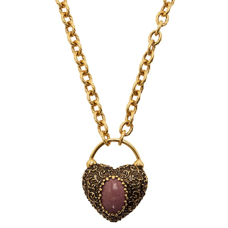 Pre Owned Roberto Cavalli Pink Stone Heart Gold Tone Pendant Necklace