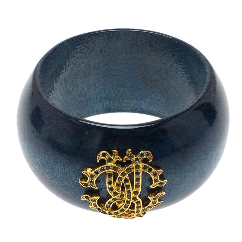 Pre Owned سوار روبرتو كافالي شعار كريستال ذهبي اللون وطلاء أزرق عريض 19 سم