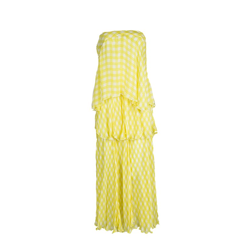 فستان روبرتو كافالي حرير أصفر مطبوع طبقات بلا حمالات M