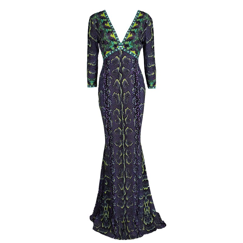 Pre Owned فستان ماكسي روبرتو كافالي نقشة الثعبان متعدد الألوان مطبوع بأكمام طويلة M