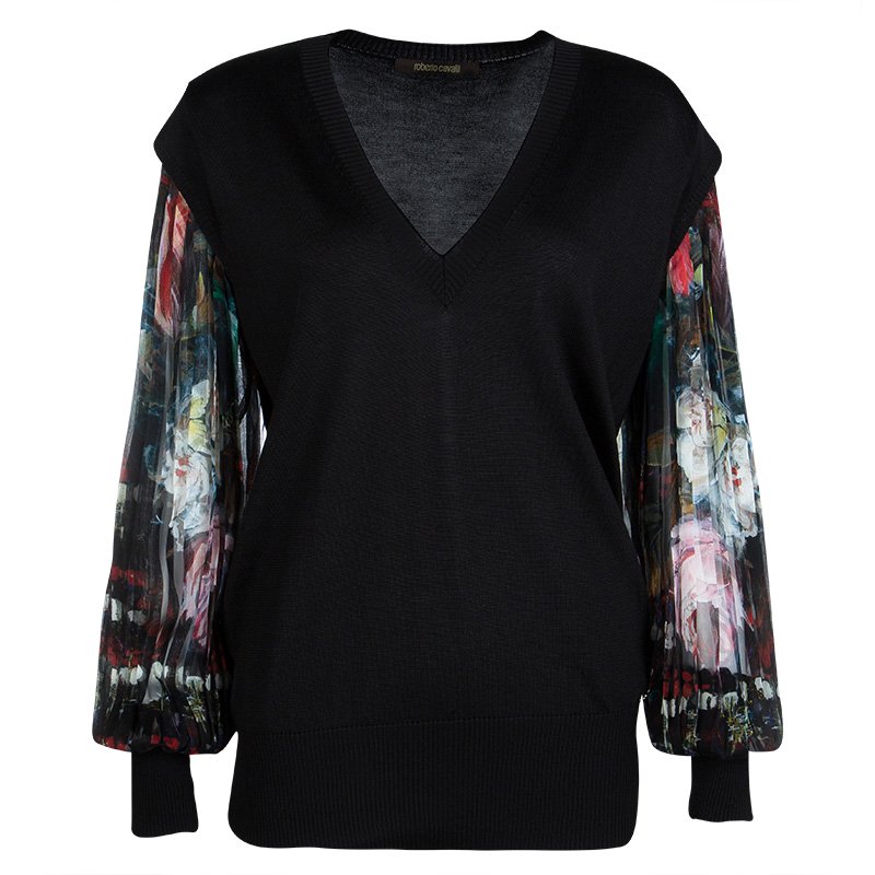 Pre Owned Roberto Cavalli Black Silk Knit Contrast Pleated Long Sleeve Detail Top L