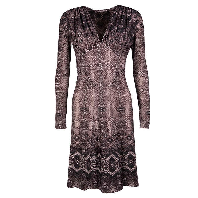 Pre Owned Roberto Cavalli Animal Print Gathered Long Sleeve Dress S