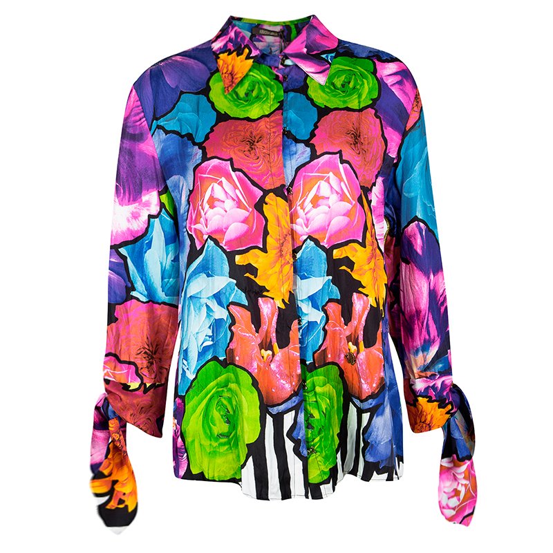 Roberto Cavalli Multicolour Floral Print Sleeve Tie Detail Silk Blouse M