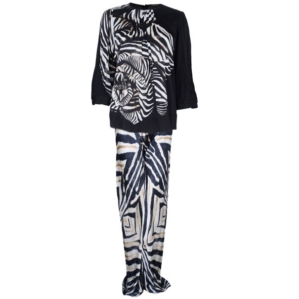 Pre Owned Roberto Cavalli Animal Print Silk Top And Trousers Set S/M