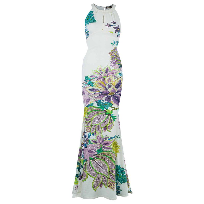 Pre Owned Roberto Cavalli White Floral Print Gown S
