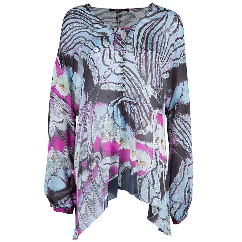 Pre Owned Roberto Cavalli Chiffon Butterfly Printed Top L