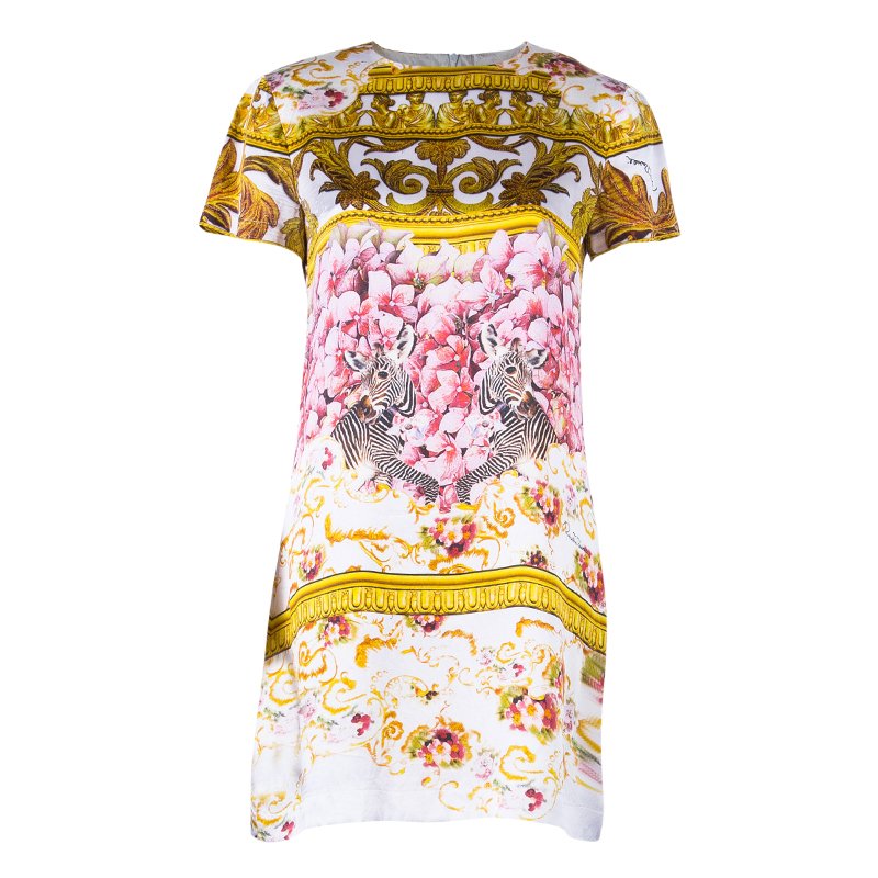 مملوكة مسبقًا فستان روبرتو كافالي مطبوع بأكمام قصيرة حرير واسع S